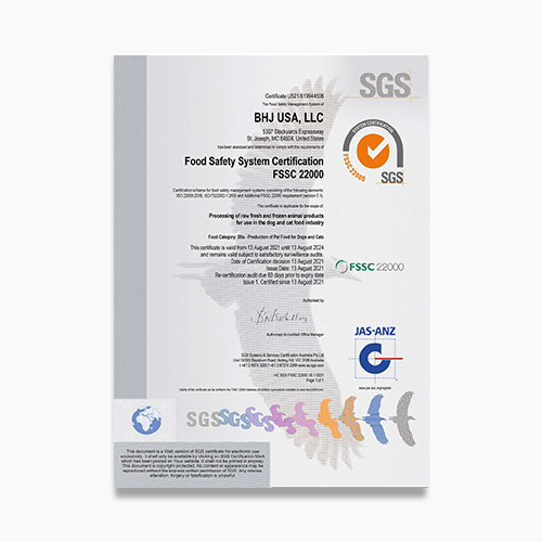 BHJ USA LLC St. Joseph FSSC 22000 Certificate